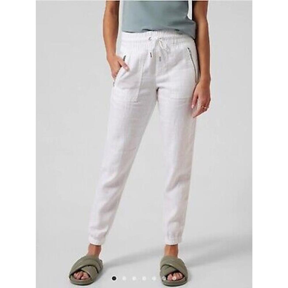 Athleta Cabo Linen Jogger Pants White Drawstring Zippered Pockets Womens Size 14 - Picture 10 of 10